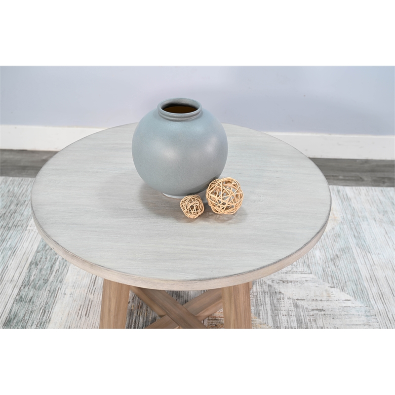 Pemberly Row Solid Wood Contemporary Rustic Round End Table in Light Gray