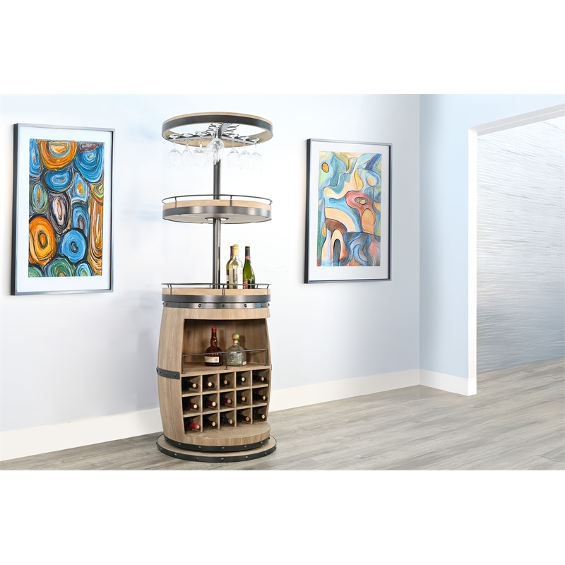 Pemberly Row Natural Wood Traditional Barrel Bar with Swivel