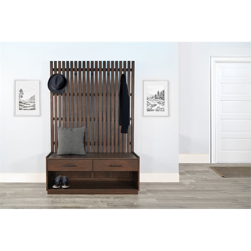 Pemberly Row Brown Finish Wood Transitional Hall Tree with Bench