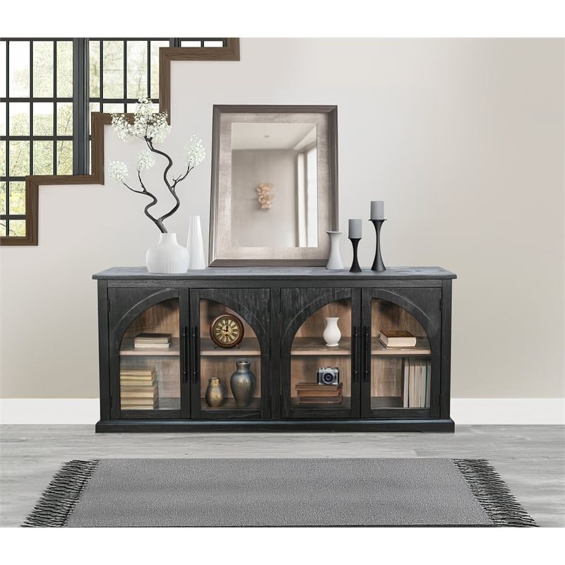 Pemberly Row Modern Black Wood Display Cabinet with Arched Glass Doors
