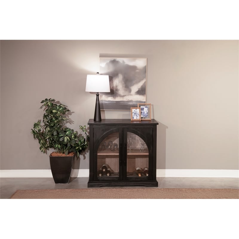 Pemberly Row Small Black Wood Cabinet with Arched Glass Doors