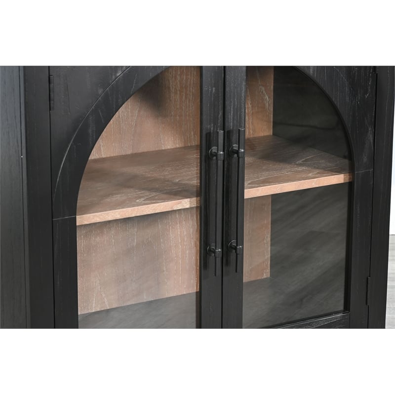 Pemberly Row Small Black Wood Cabinet with Arched Glass Doors