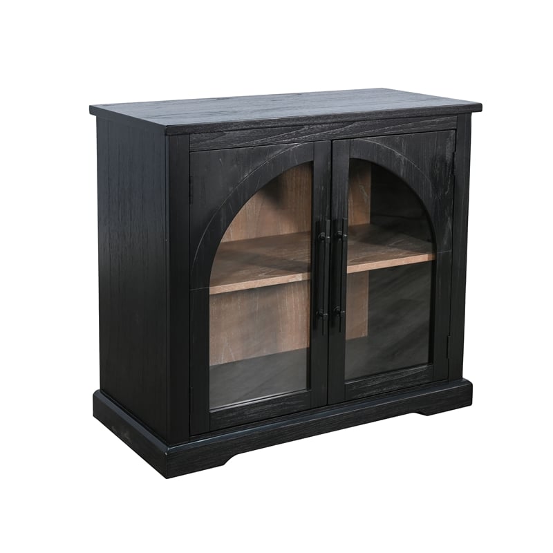 Pemberly Row Small Black Wood Cabinet with Arched Glass Doors