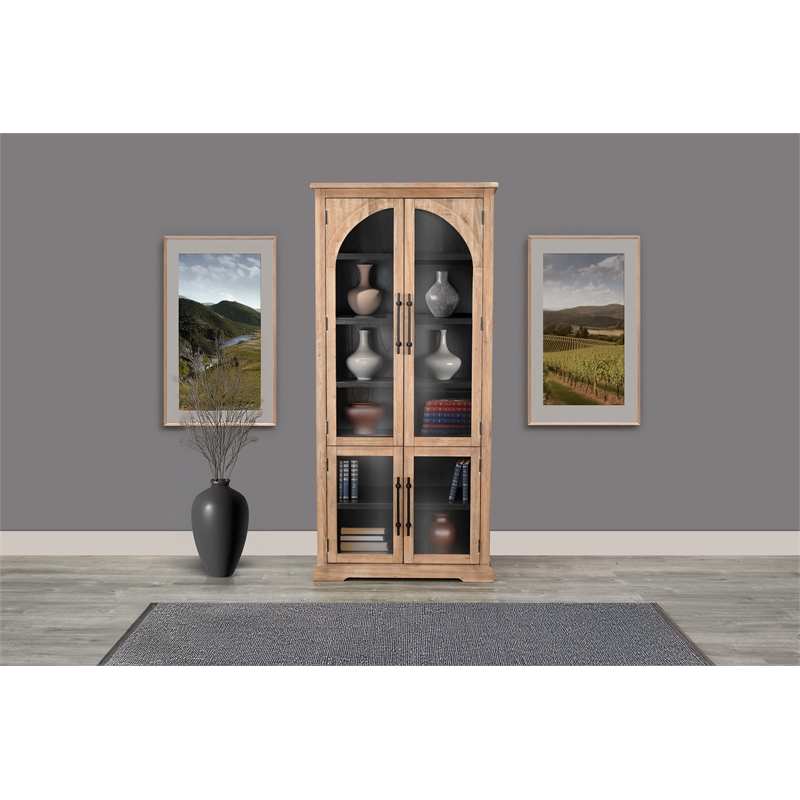 Pemberly Row Wood Natural Tall Cabinet with Arched Glass Doors