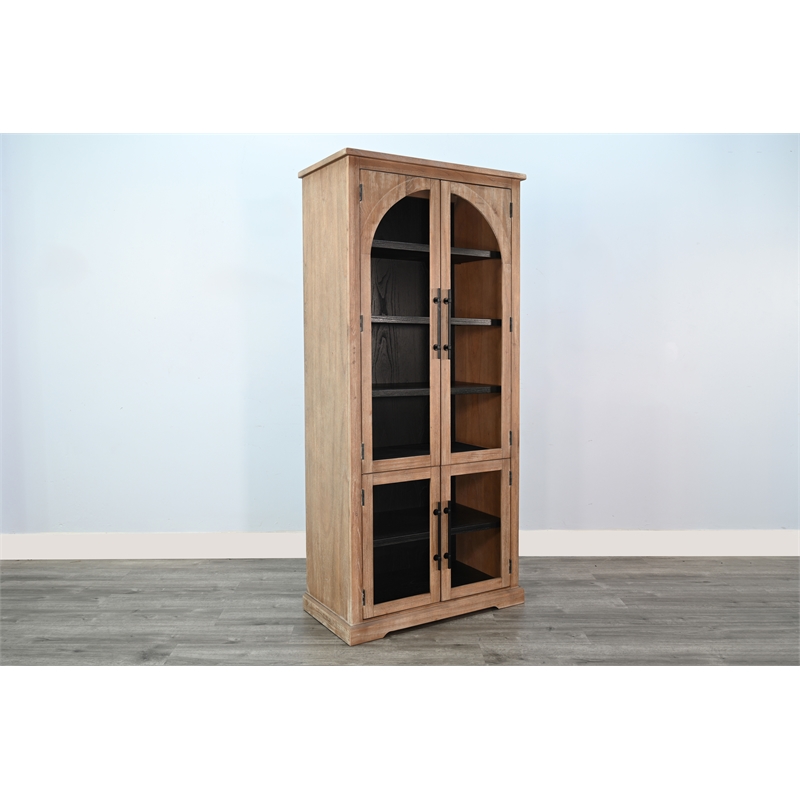 Pemberly Row Wood Natural Tall Cabinet with Arched Glass Doors