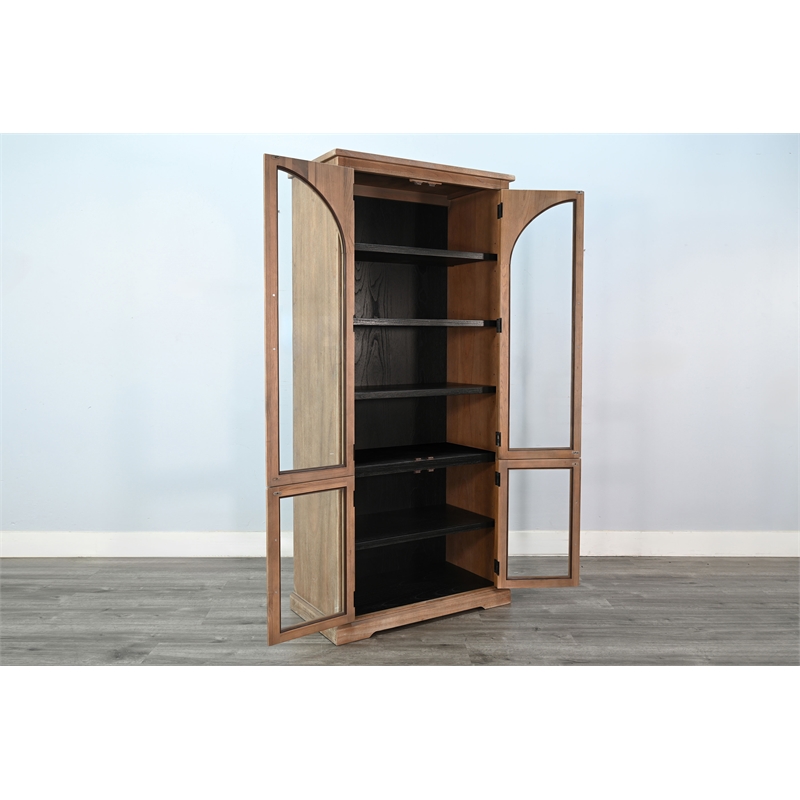 Pemberly Row Wood Natural Tall Cabinet with Arched Glass Doors