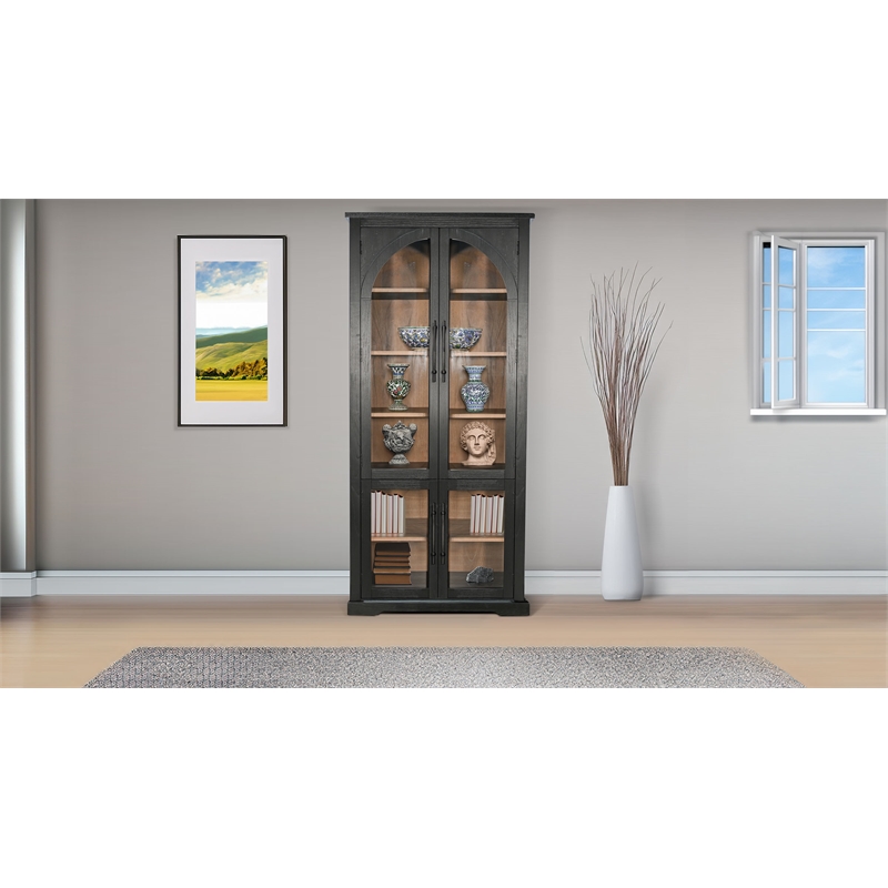 Pemberly Row Wood Natural Tall Cabinet with Arched Glass Doors