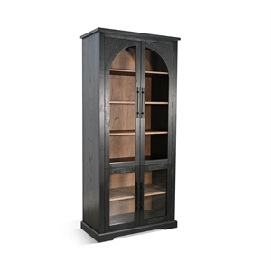 Pemberly Row Wood Natural Tall Cabinet with Arched Glass Doors