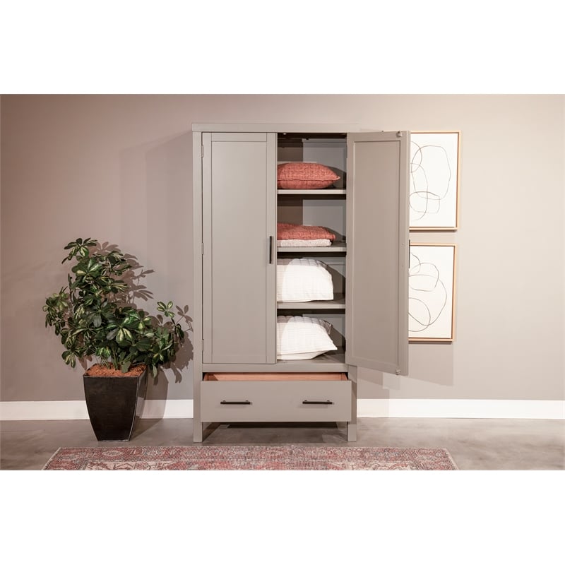 Pemberly Row Transitional Linen Cabinet with Shelves and Deep Storage Drawer