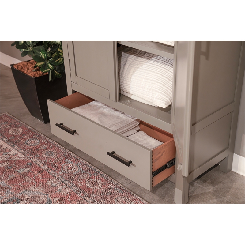 Pemberly Row Transitional Linen Cabinet with Shelves and Deep Storage Drawer