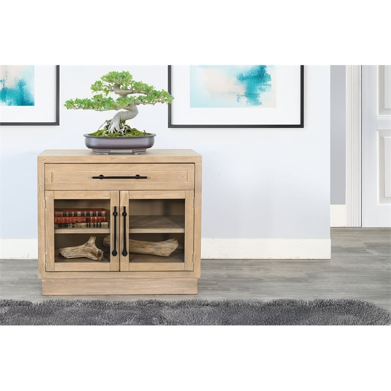 Pemberly Row Contemporary Wood 2 Door Natural Finish Glass Cabinet