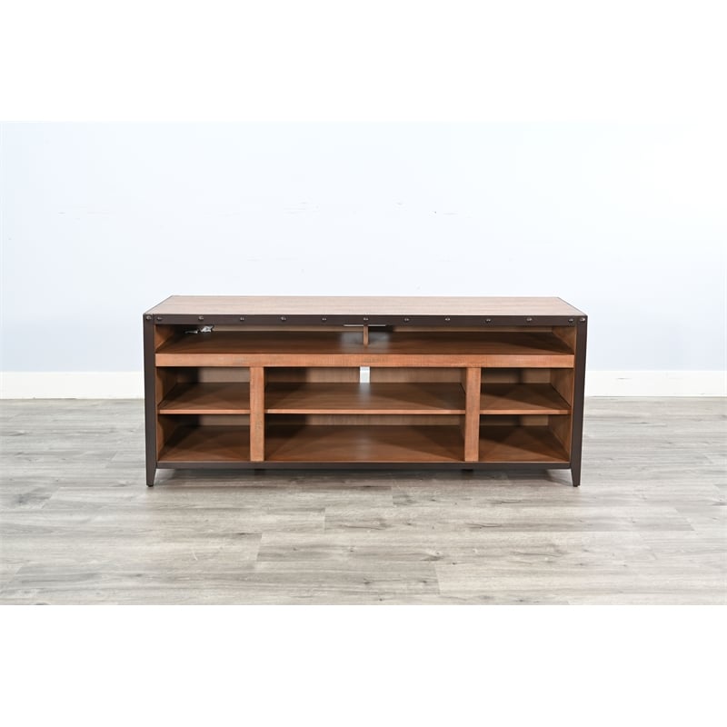 Pemberly Row Industrial TV Stand with Open Shelving and Metal Accents