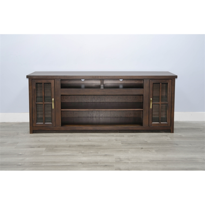 Pemberly Row Mid-Century 76-Inch Wide TV Stand with Glass Cabinet Doors
