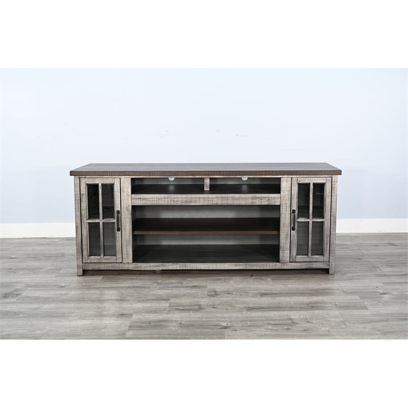 Pemberly Row Rustic Gray 76-Inch TV Stand with Glass Doors Console