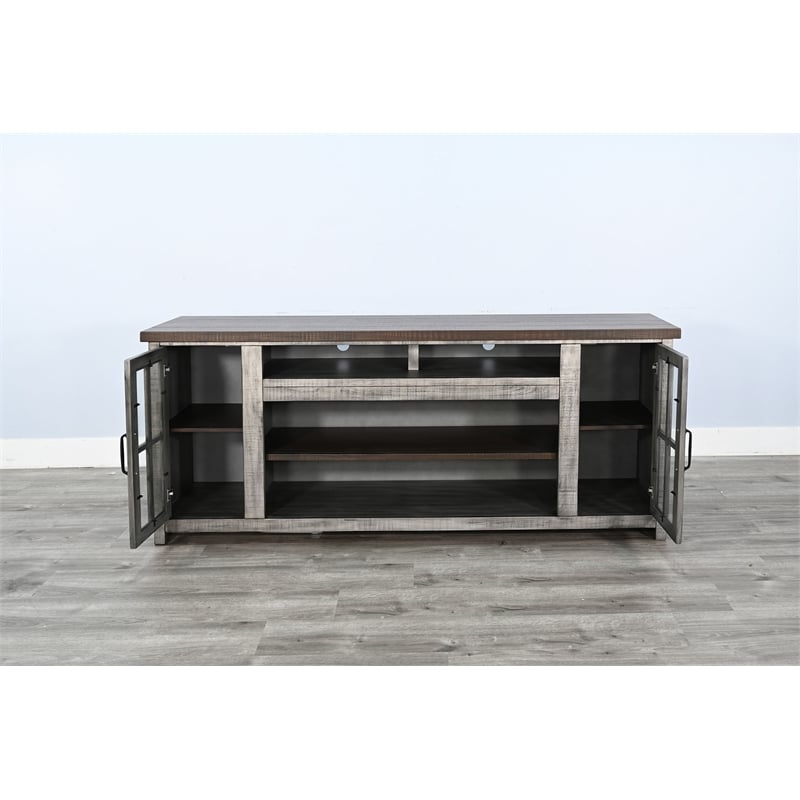 Pemberly Row Rustic Gray 76-Inch TV Stand with Glass Doors Console