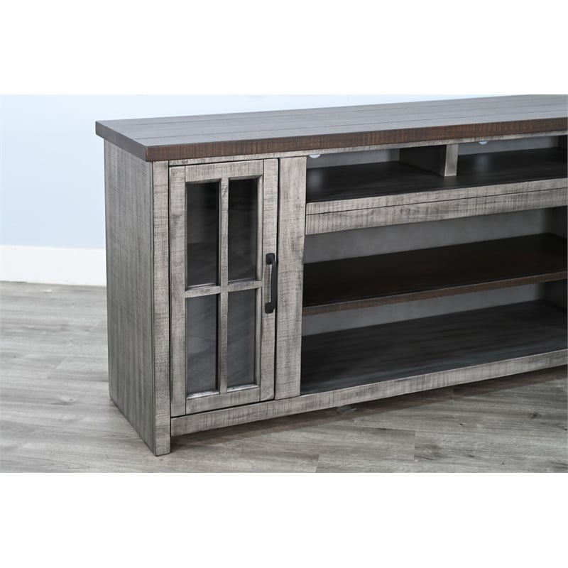 Pemberly Row Rustic Gray 76-Inch TV Stand with Glass Doors Console