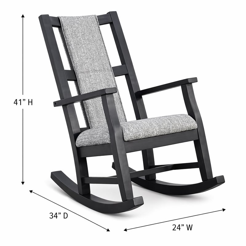 Pemberly Row Wood Farmhouse Cushion Rocker in Black Finish Finish