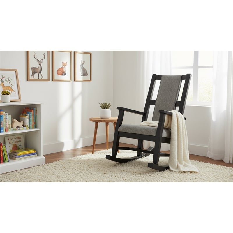 Pemberly Row Wood Farmhouse Cushion Rocker in Black Finish Finish