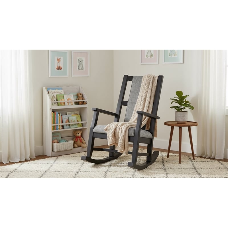Pemberly Row Wood Farmhouse Cushion Rocker in Black Finish Finish