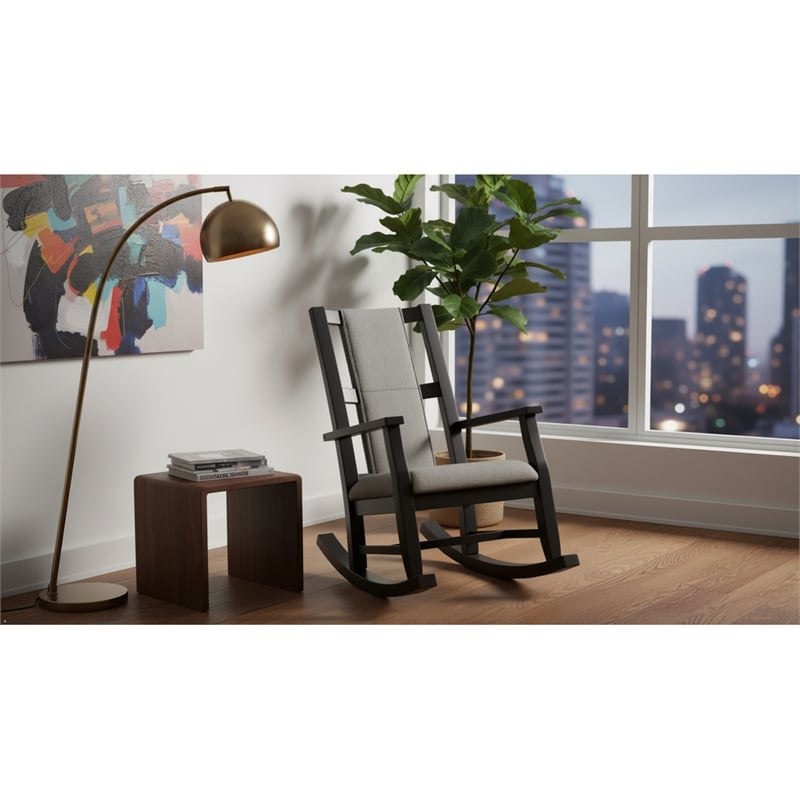 Pemberly Row Wood Farmhouse Cushion Rocker in Black Finish Finish