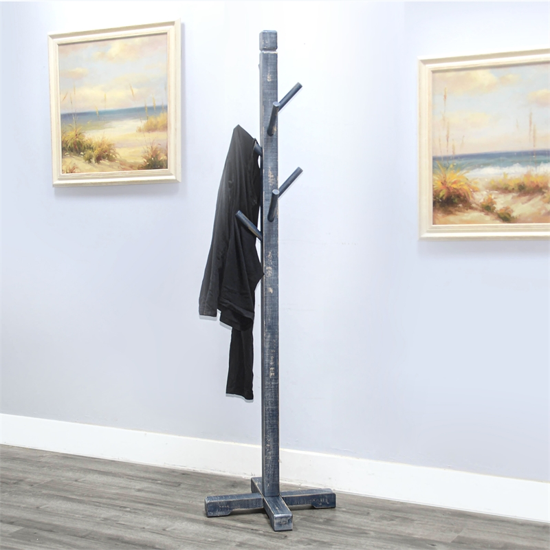 Pemberly Row Traditional Solid Wood Coat Rack with 8-Prong Hooks in Blue