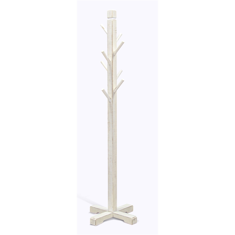 Pemberly Row Traditional Solid Wood Coat Rack with 8-Prong Hooks in White Sand