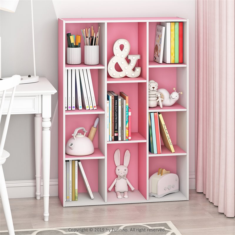 Pemberly Row Set of 2 Wood 11-Cube Reversible Open Shelf Bookcases in Pink