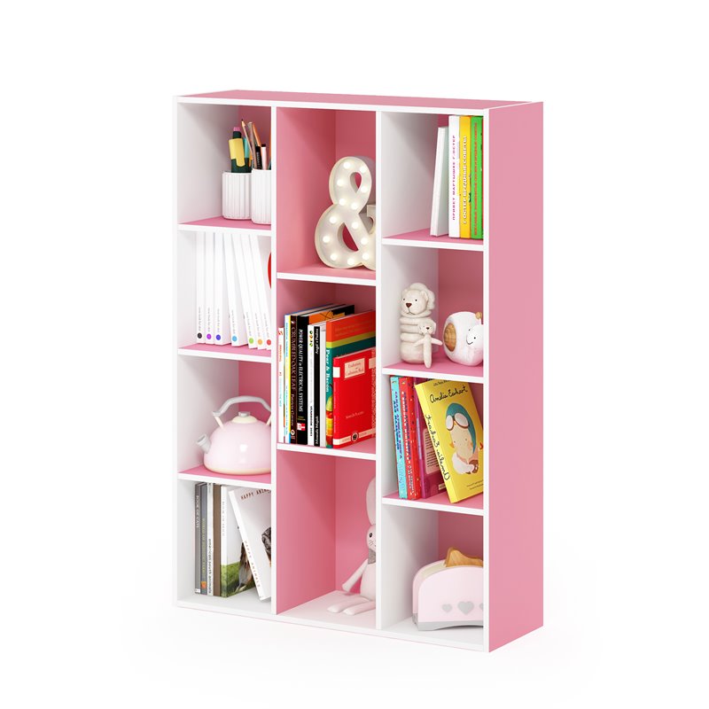 Pemberly Row Set of 2 Wood 11-Cube Reversible Open Shelf Bookcases in Pink