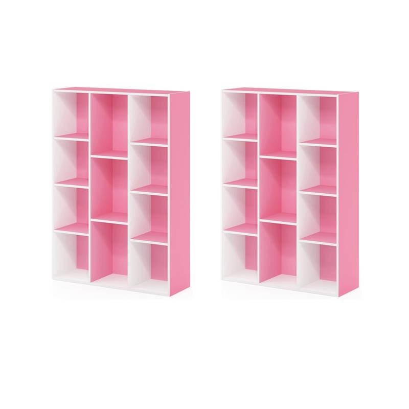 Pemberly Row Set of 2 Wood 11-Cube Reversible Open Shelf Bookcases in Pink