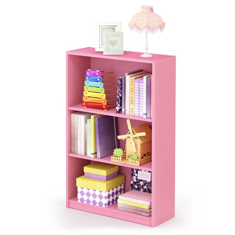 Pemberly Row Set of 2 Wood 3-Tier Adjustable Shelf Bookcases in Pink