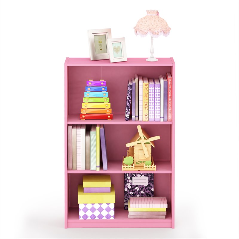 Pemberly Row Set of 2 Wood 3-Tier Adjustable Shelf Bookcases in Pink