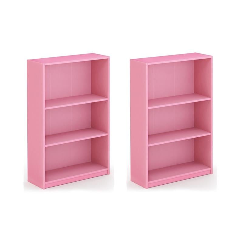 Pemberly Row Set of 2 Wood 3-Tier Adjustable Shelf Bookcases in Pink