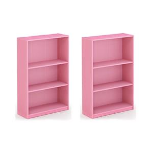 Pemberly Row Set of 2 Wood 3-Tier Adjustable Shelf Bookcases in Pink