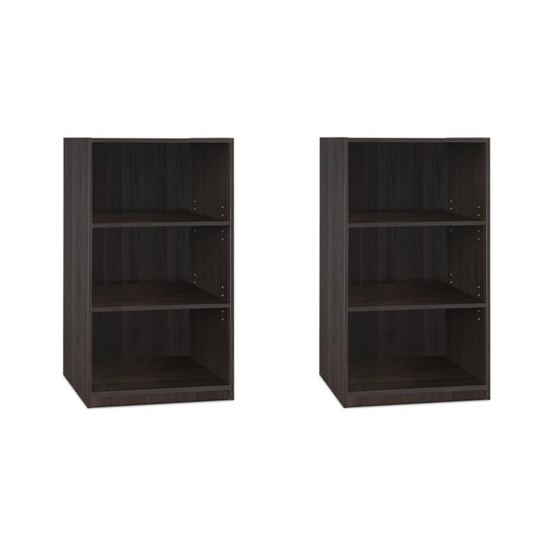 Pemberly Row Set of 2 Wood 3-Tier Adjustable Shelf Bookcases in Espresso