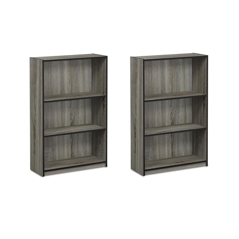 Pemberly Row Set of 2 Wood 3-Tier Adjustable Shelf Bookcases in French Oak Gray