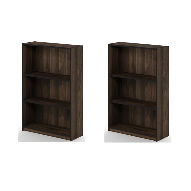 Pemberly Row Set of 2 Wood 3-Tier Adjustable Shelf Bookcases in Columbia Walnut