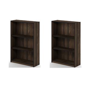 Pemberly Row Set of 2 Wood 3-Tier Adjustable Shelf Bookcases in Columbia Walnut