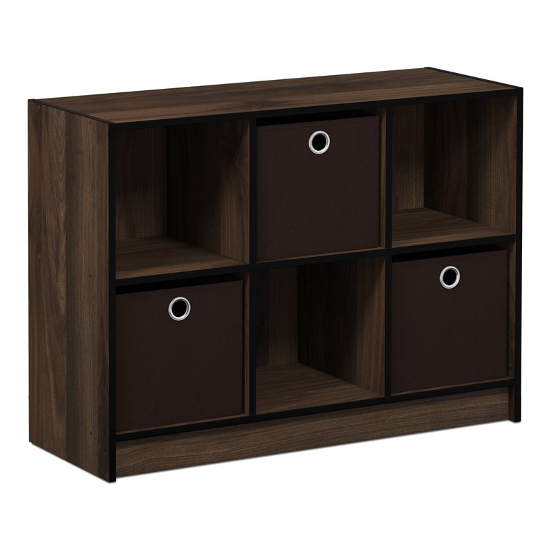 Pemberly Row Set of 2 3x2 Bookcases Storage with Bins in Walnut/Dark Brown
