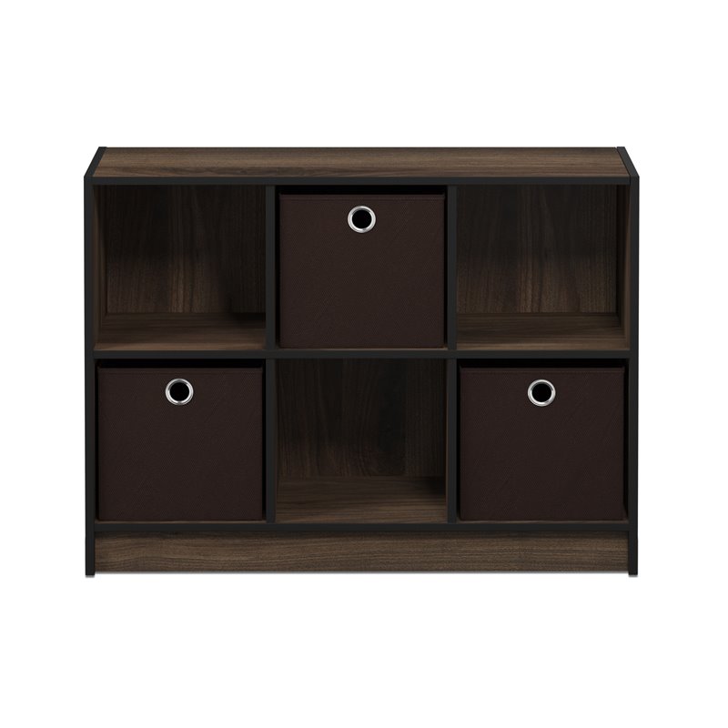 Pemberly Row Set of 2 3x2 Bookcases Storage with Bins in Walnut/Dark Brown