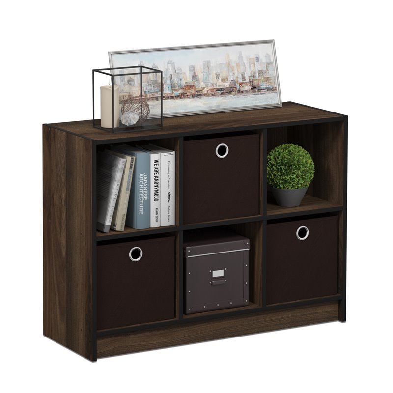 Pemberly Row Set of 2 3x2 Bookcases Storage with Bins in Walnut/Dark Brown