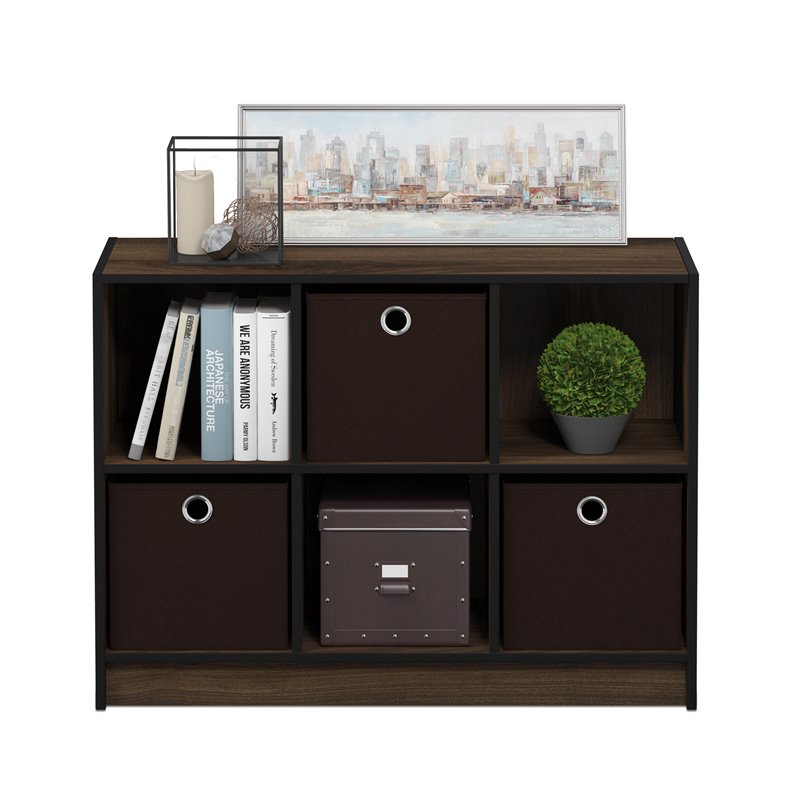 Pemberly Row Set of 2 3x2 Bookcases Storage with Bins in Walnut/Dark Brown