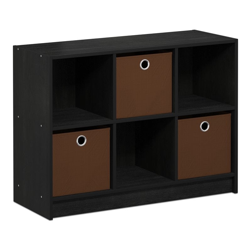 Pemberly Row Set of 2 3x2 Bookcases Storage with Bins in Black/Medium Brown