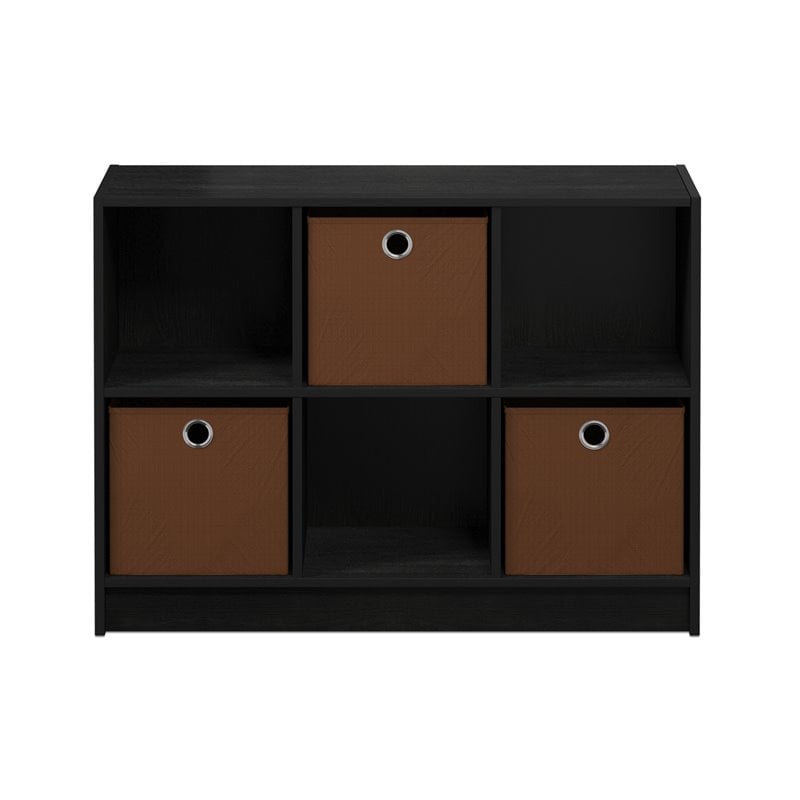 Pemberly Row Set of 2 3x2 Bookcases Storage with Bins in Black/Medium Brown