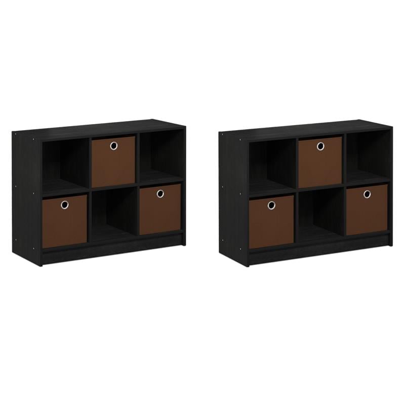 Pemberly Row Set of 2 3x2 Bookcases Storage with Bins in Black/Medium Brown