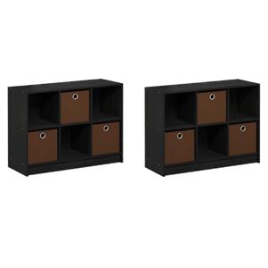 Pemberly Row Set of 2 3x2 Bookcases Storage with Bins in Black/Medium Brown
