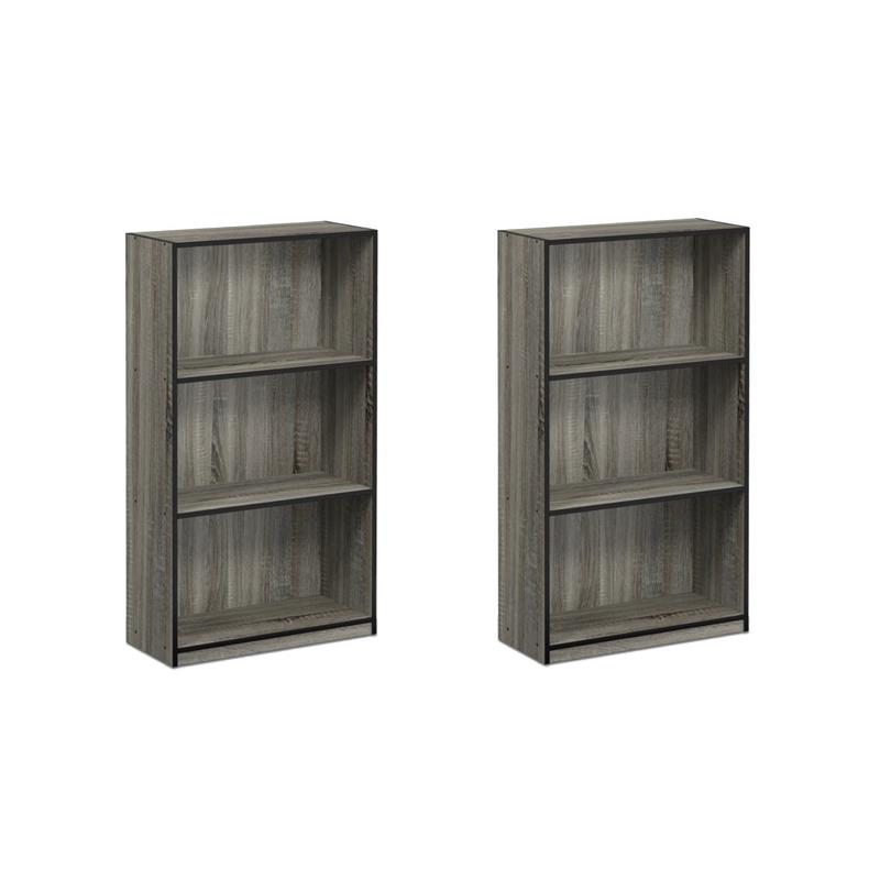 Pemberly Row Set of 2 3-Tier Bookcases Storage Shelves in French Oak Gray/Black