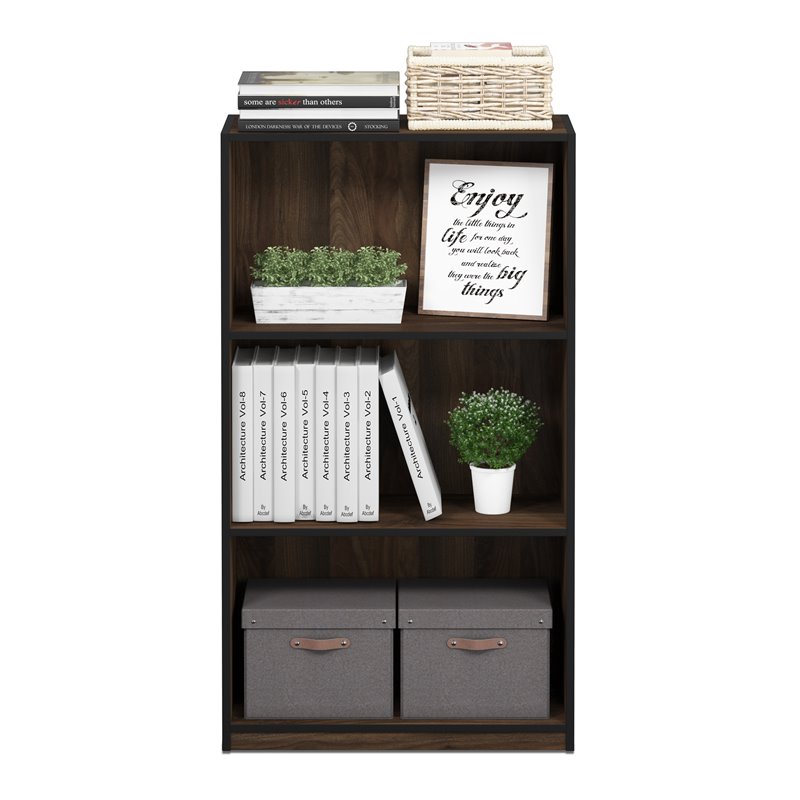 Pemberly Row Set of 2 3-Tier Bookcases Storage Shelves in Columbia Walnut/Black