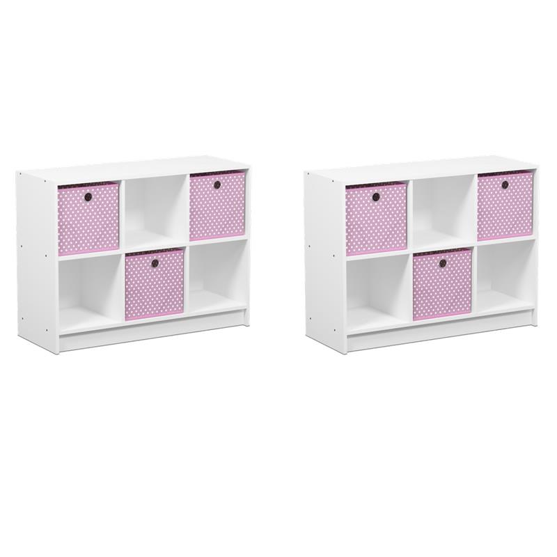 Pemberly Row Set of 2 Wood 3x2 Bookcases Storage with Bins in White/Pink