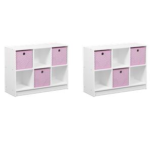 Pemberly Row Set of 2 Wood 3x2 Bookcases Storage with Bins in White/Pink
