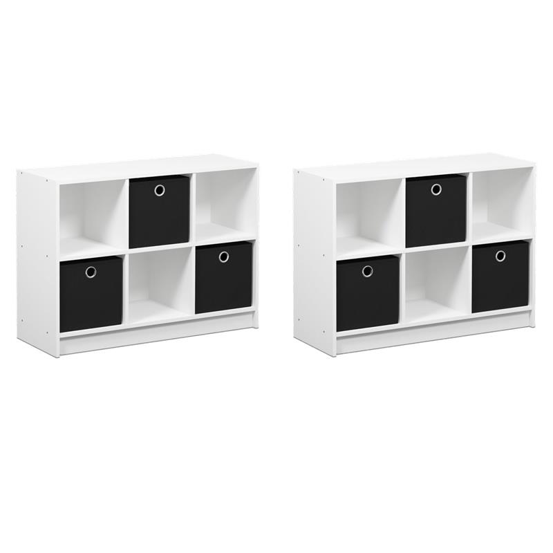Pemberly Row Set of 2 Wood 3x2 Bookcases Storage with Bins in White/Black